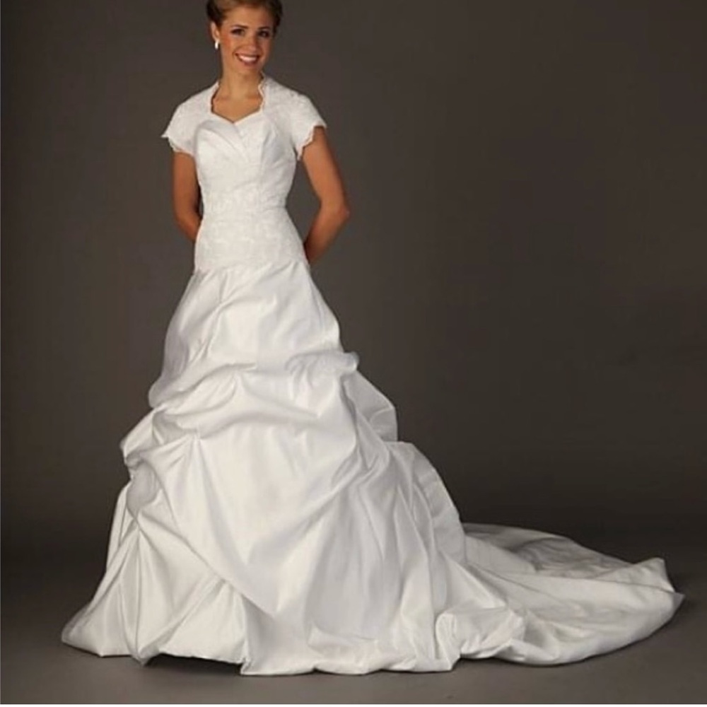 Beautifully Modest white satin and lace drop waist a-line wedding gown w/bolero